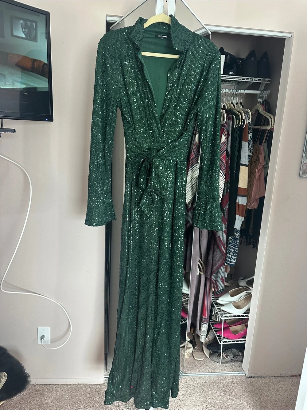 Fashion Nova Emerald Green Sequin Wrap jumpsuit